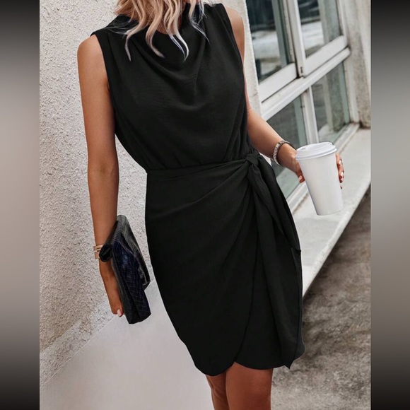 Luxe black draped neck knot side sleeveless mini dress - Picture 9 of 15